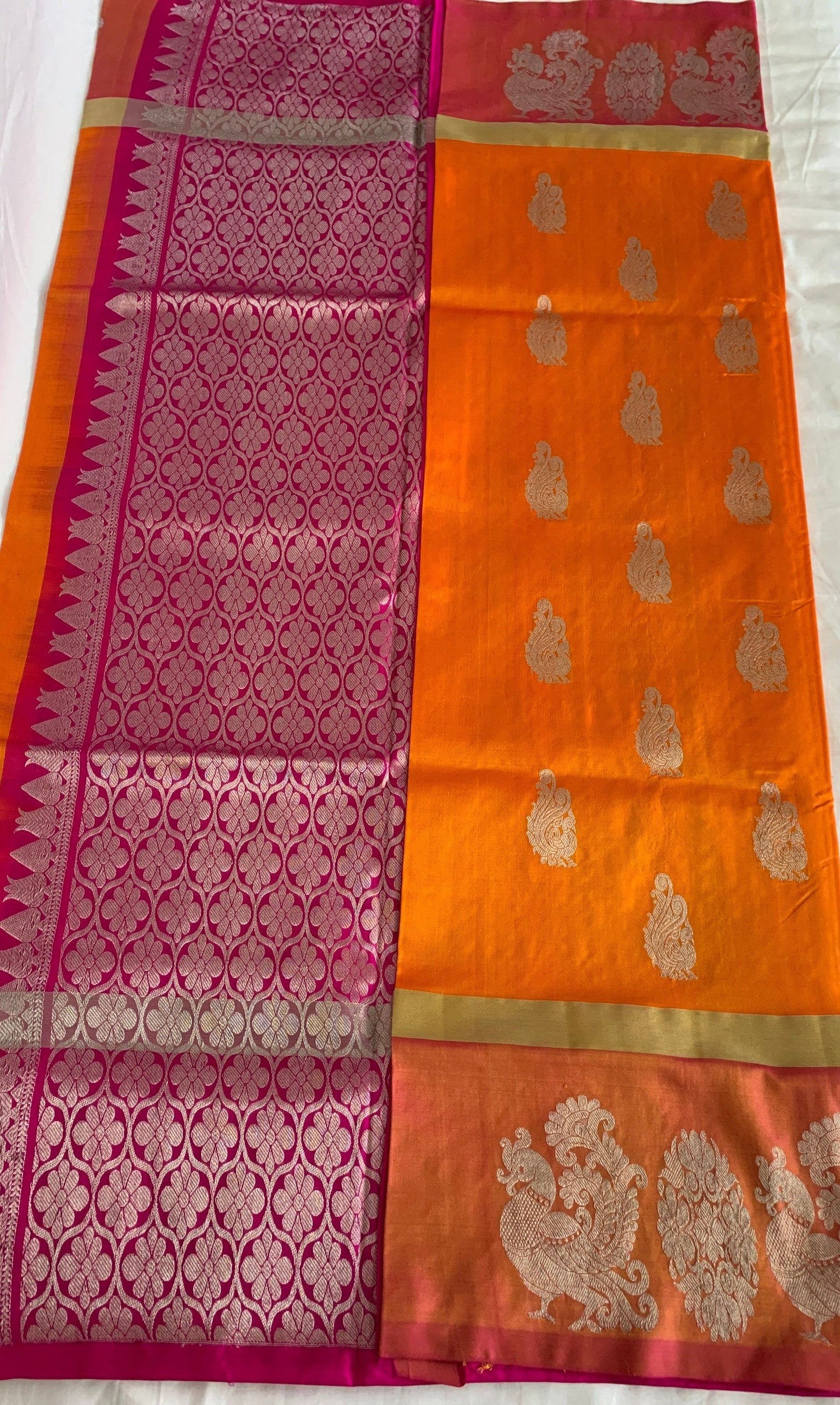 Orange, Magenta handloom Pure Venkatagiri saree with Peacock Motifs| Blouse Fabric | Ethnic Wear | Designer Wear | SumasEthnicWear