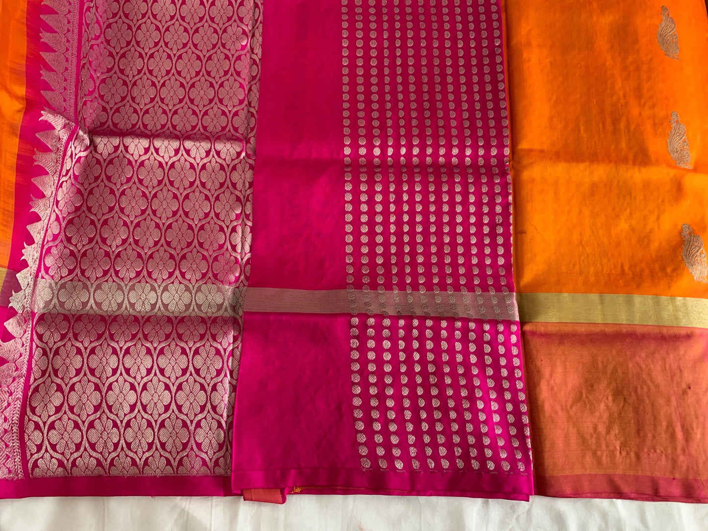 Orange, Magenta handloom Pure Venkatagiri saree with Peacock Motifs| Blouse Fabric | Ethnic Wear | Designer Wear | SumasEthnicWear