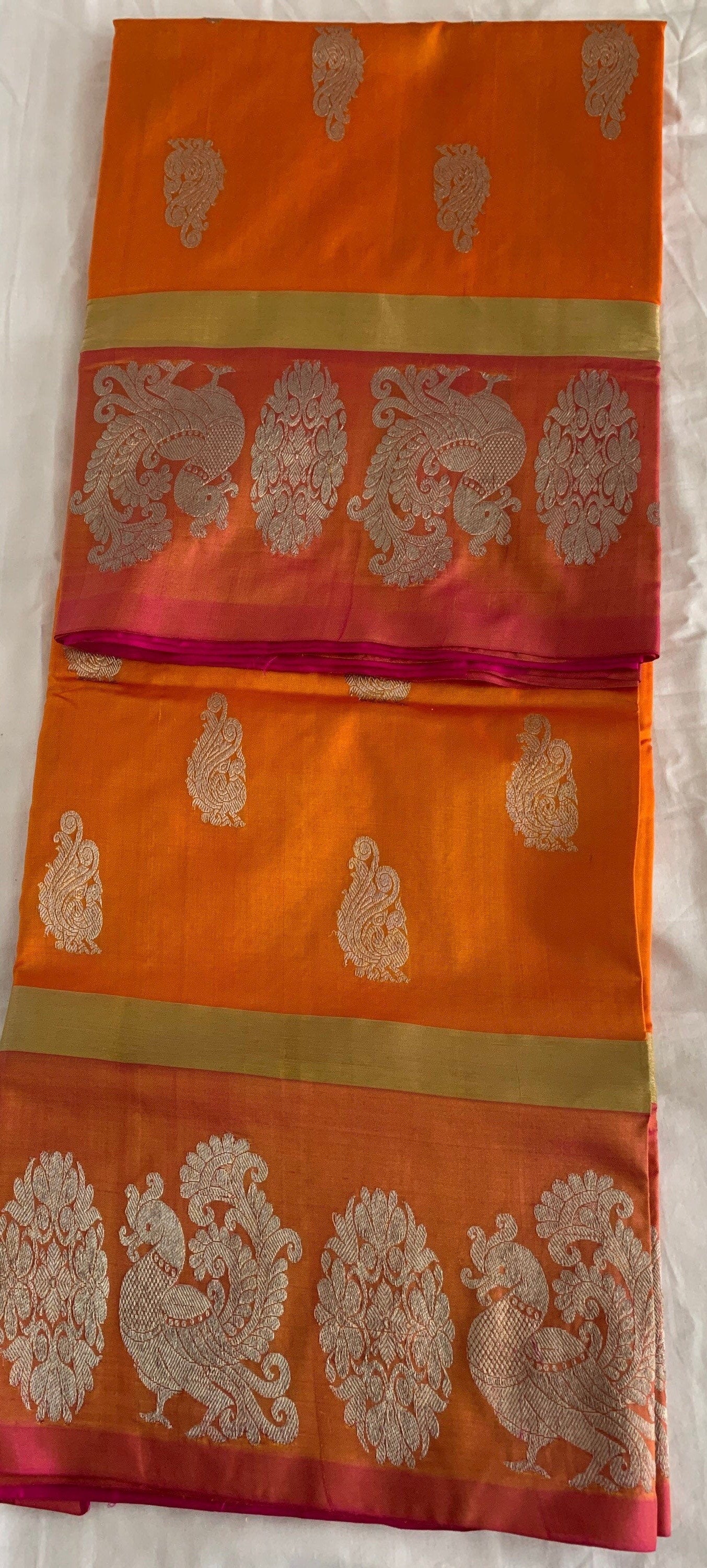 Orange, Magenta handloom Pure Venkatagiri saree with Peacock Motifs| Blouse Fabric | Ethnic Wear | Designer Wear | SumasEthnicWear