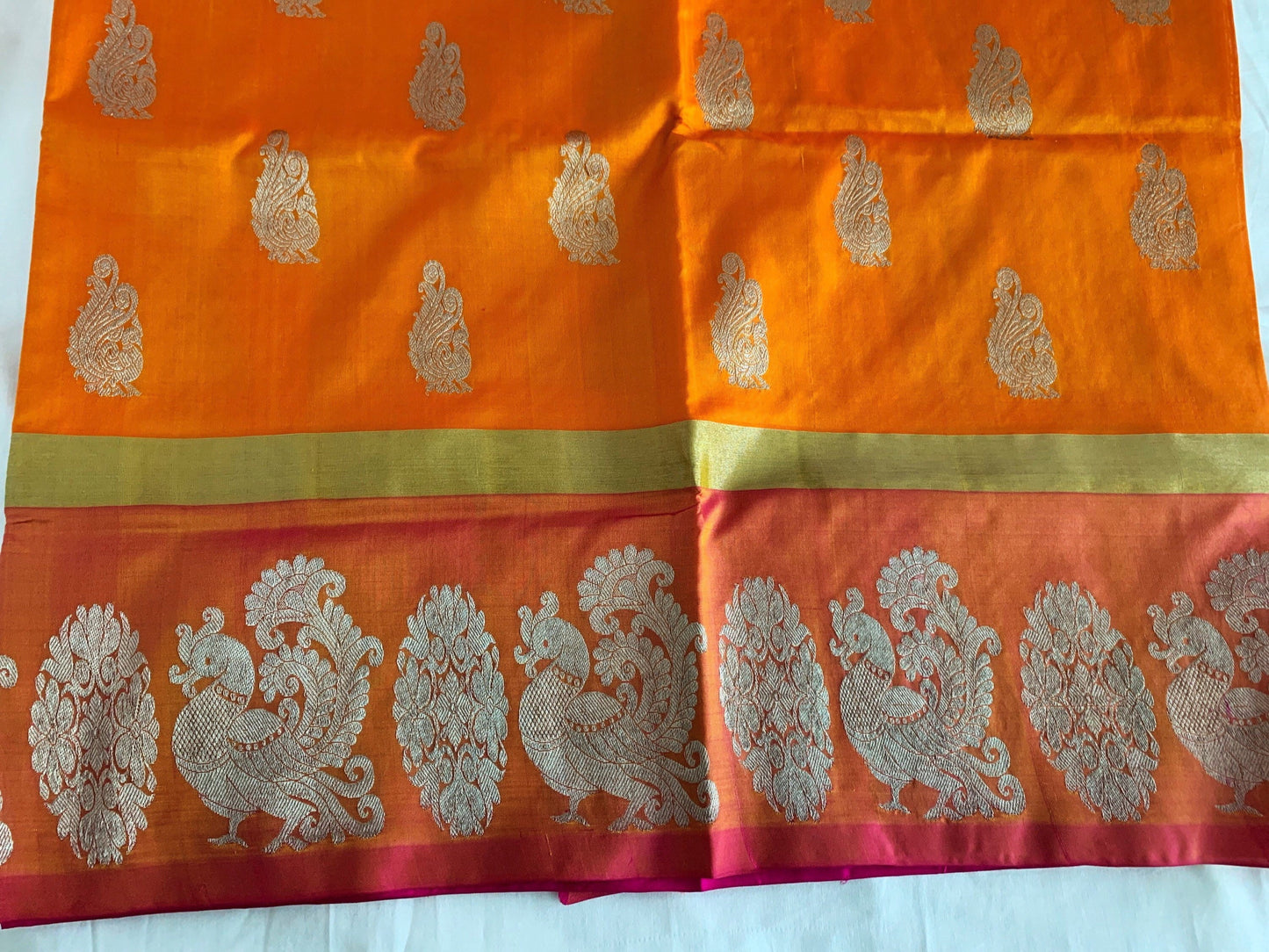 Orange, Magenta handloom Pure Venkatagiri saree with Peacock Motifs| Blouse Fabric | Ethnic Wear | Designer Wear | SumasEthnicWear