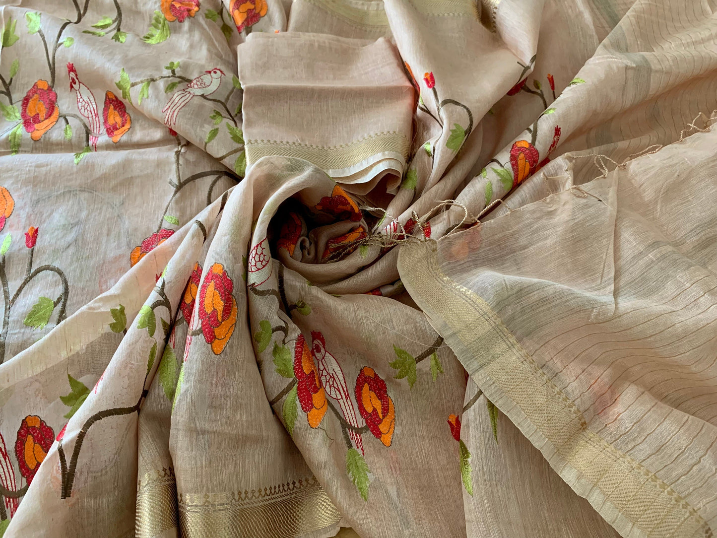 Wheat Cream Linen Silk Embroidered Saree
