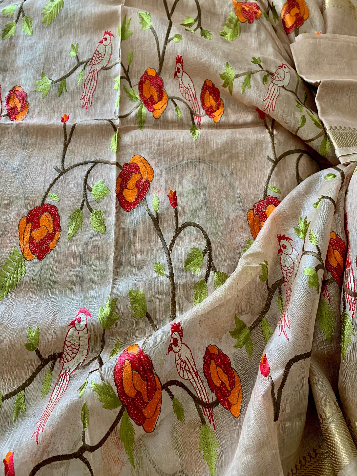 Wheat Cream Linen Silk Embroidered Saree