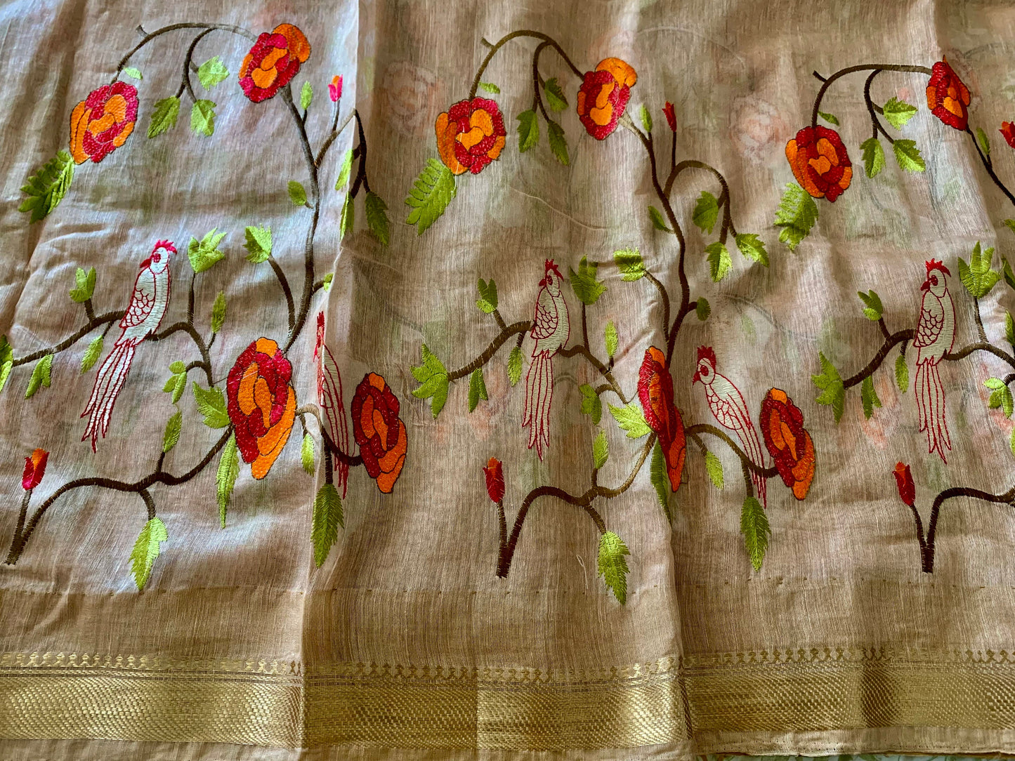 Wheat Cream Linen Silk Embroidered Saree