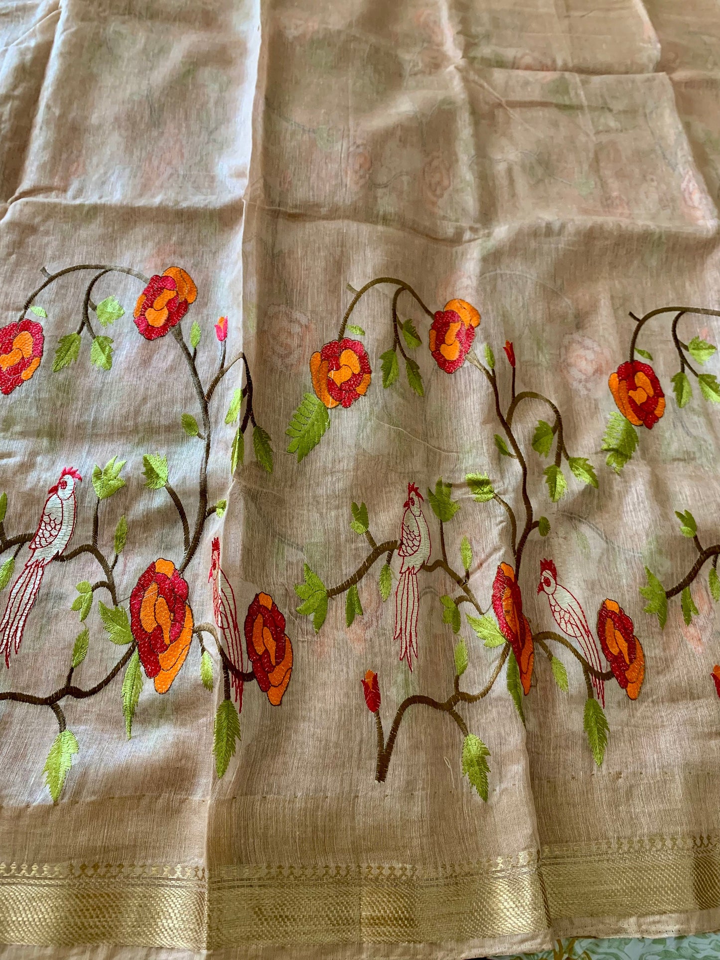Wheat Cream Linen Silk Embroidered Saree