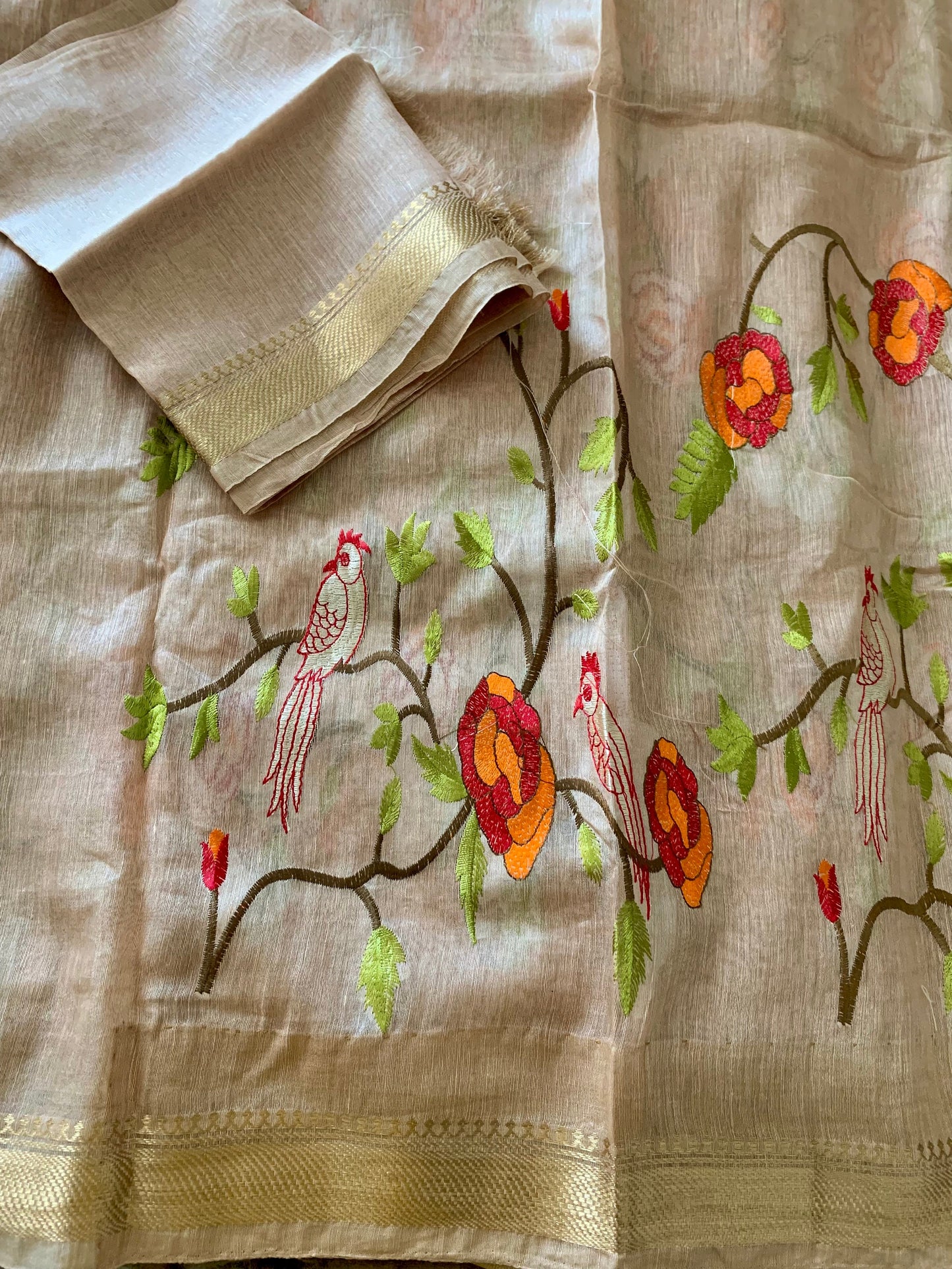 Wheat Cream Linen Silk Embroidered Saree