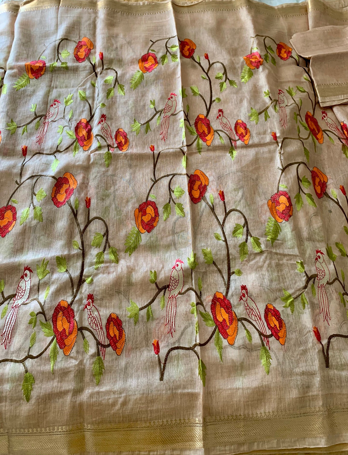 Wheat Cream Linen Silk Embroidered Saree