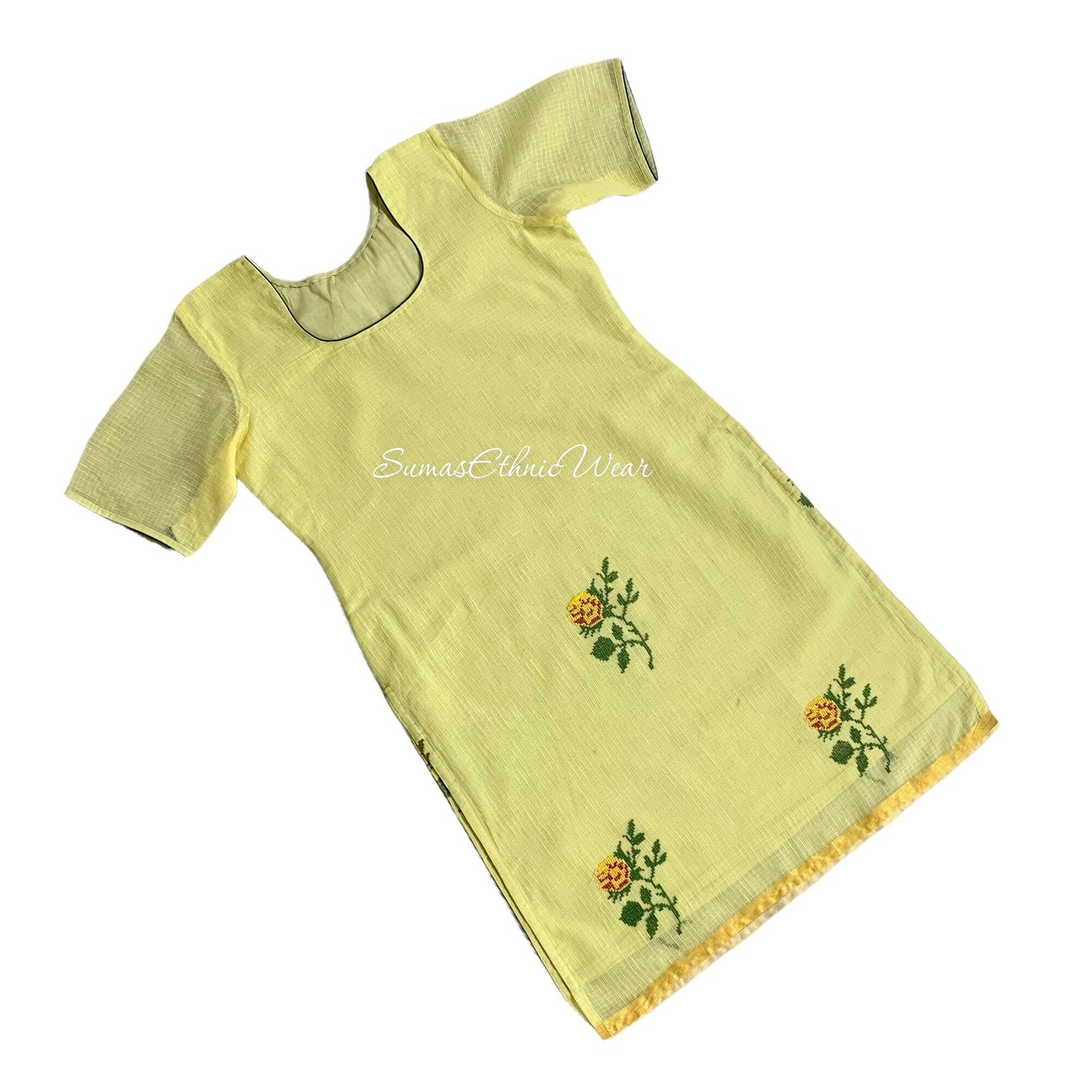 Lemon yellow Kota Cotton Embroidered Kurti