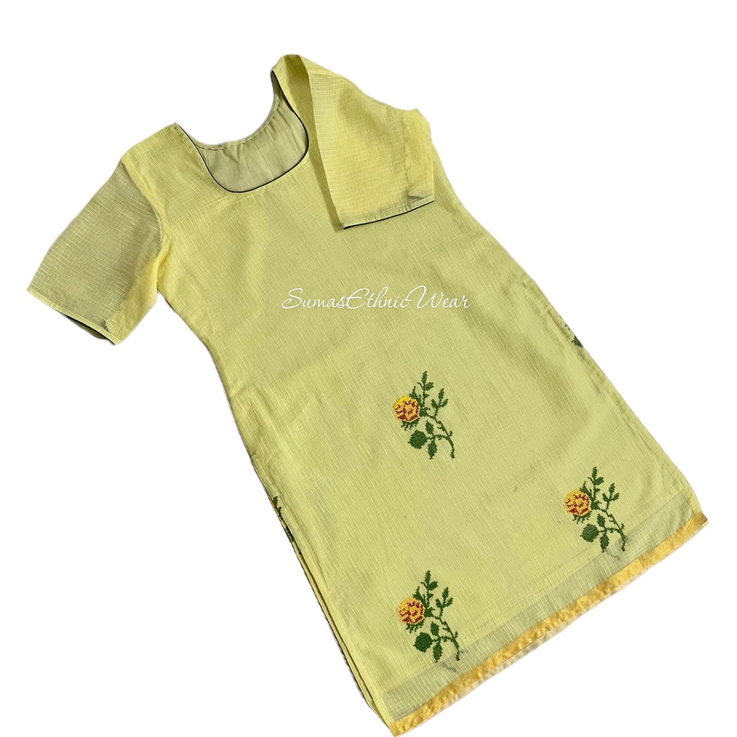 Lemon yellow Kota Cotton Embroidered Kurti