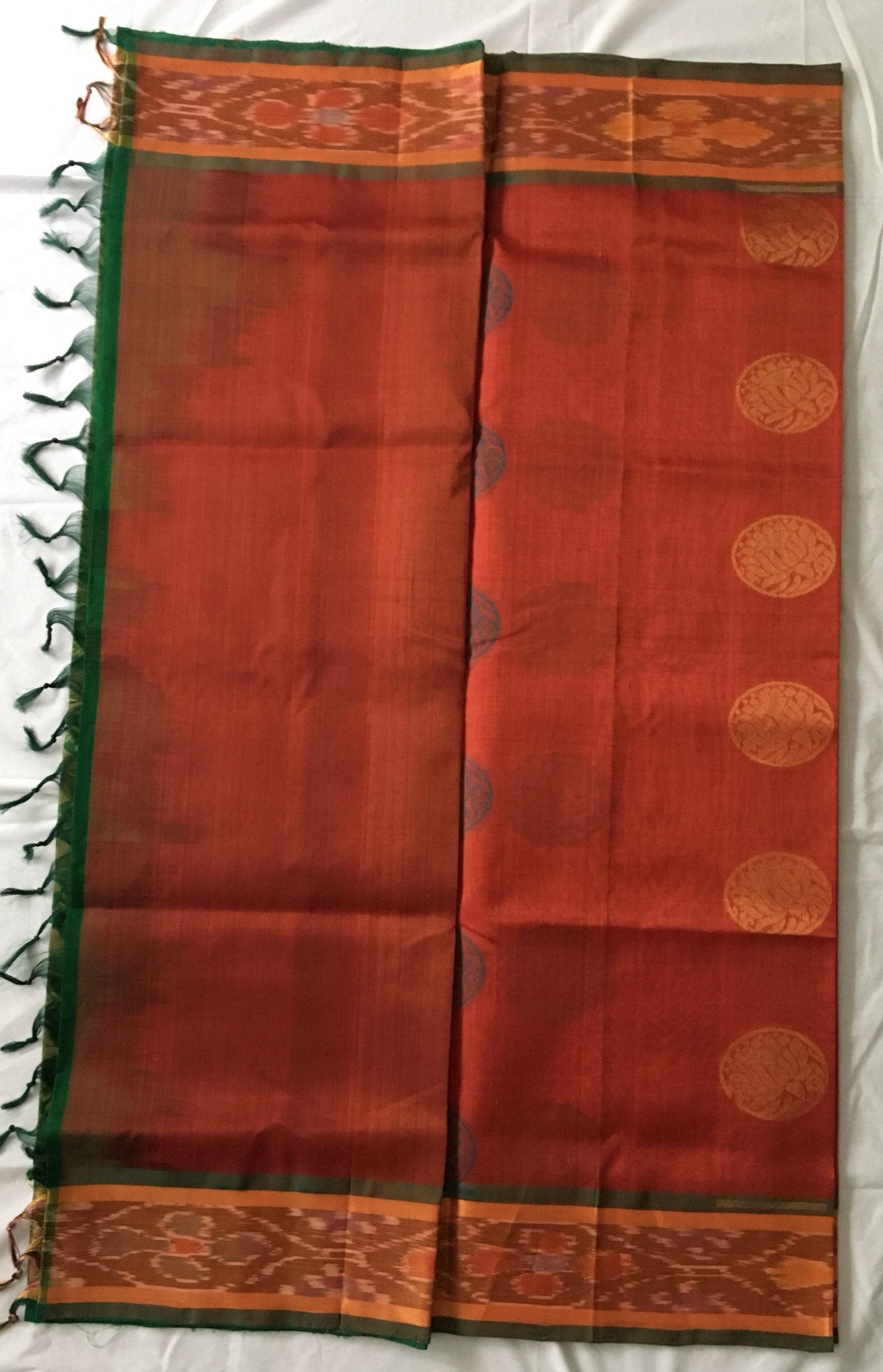 Orangish Brown, Green Handloom Saree | Blouse Fabric | Designer Saree | Party Wear saree | SumasEthnicWear