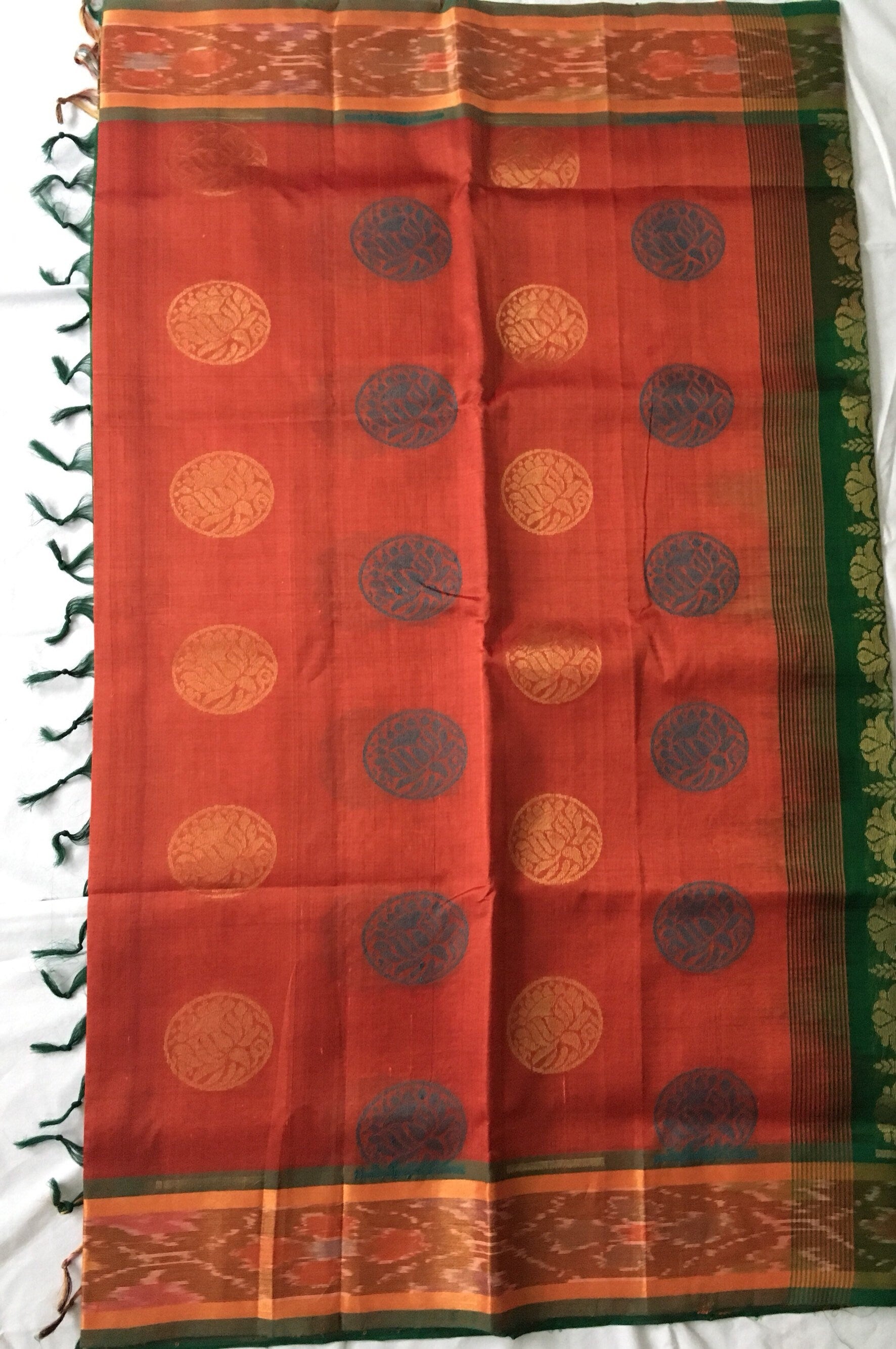 Orangish Brown, Green Handloom Saree | Blouse Fabric | Designer Saree | Party Wear saree | SumasEthnicWear