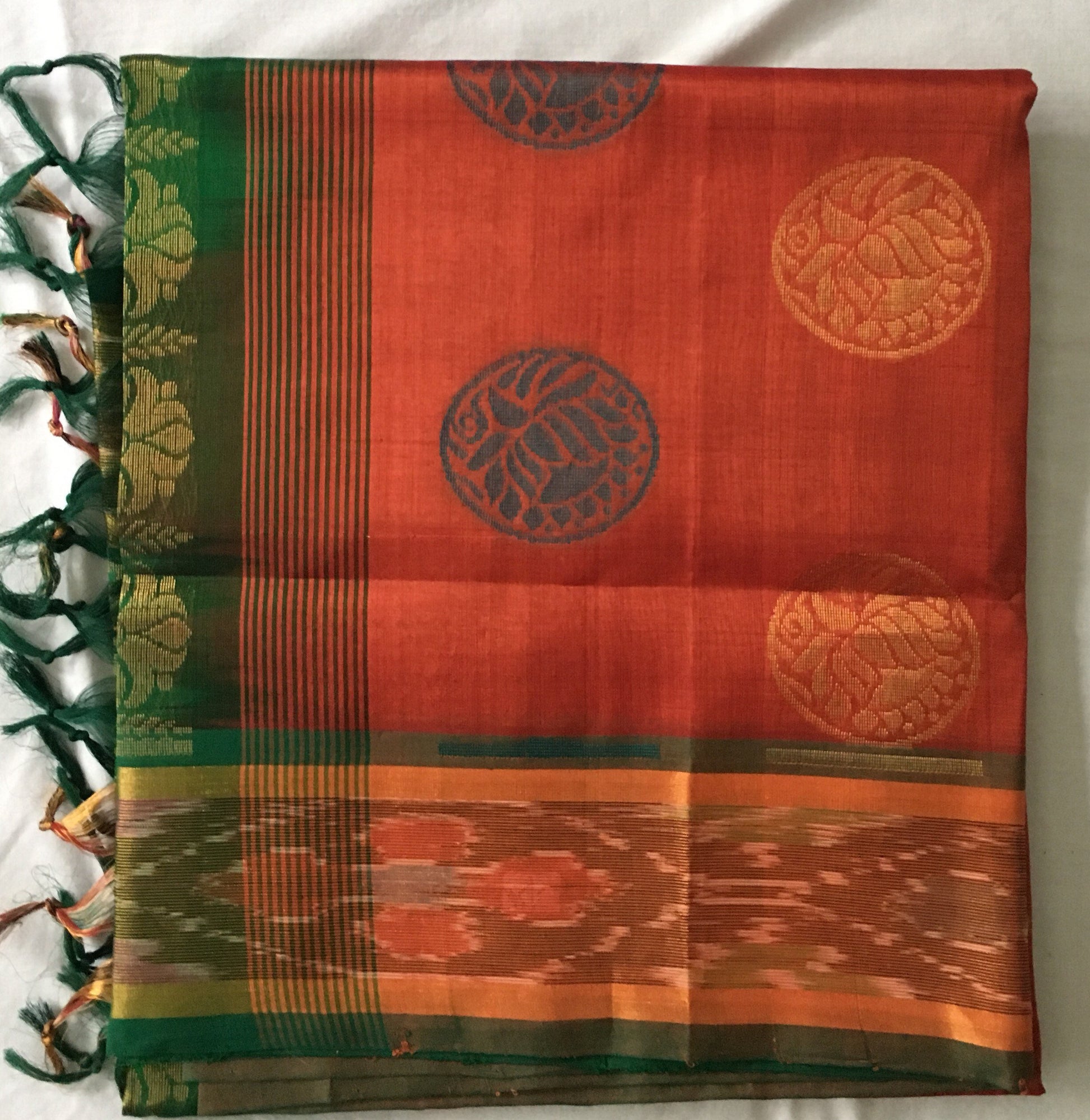 Orangish Brown, Green Handloom Saree | Blouse Fabric | Designer Saree | Party Wear saree | SumasEthnicWear