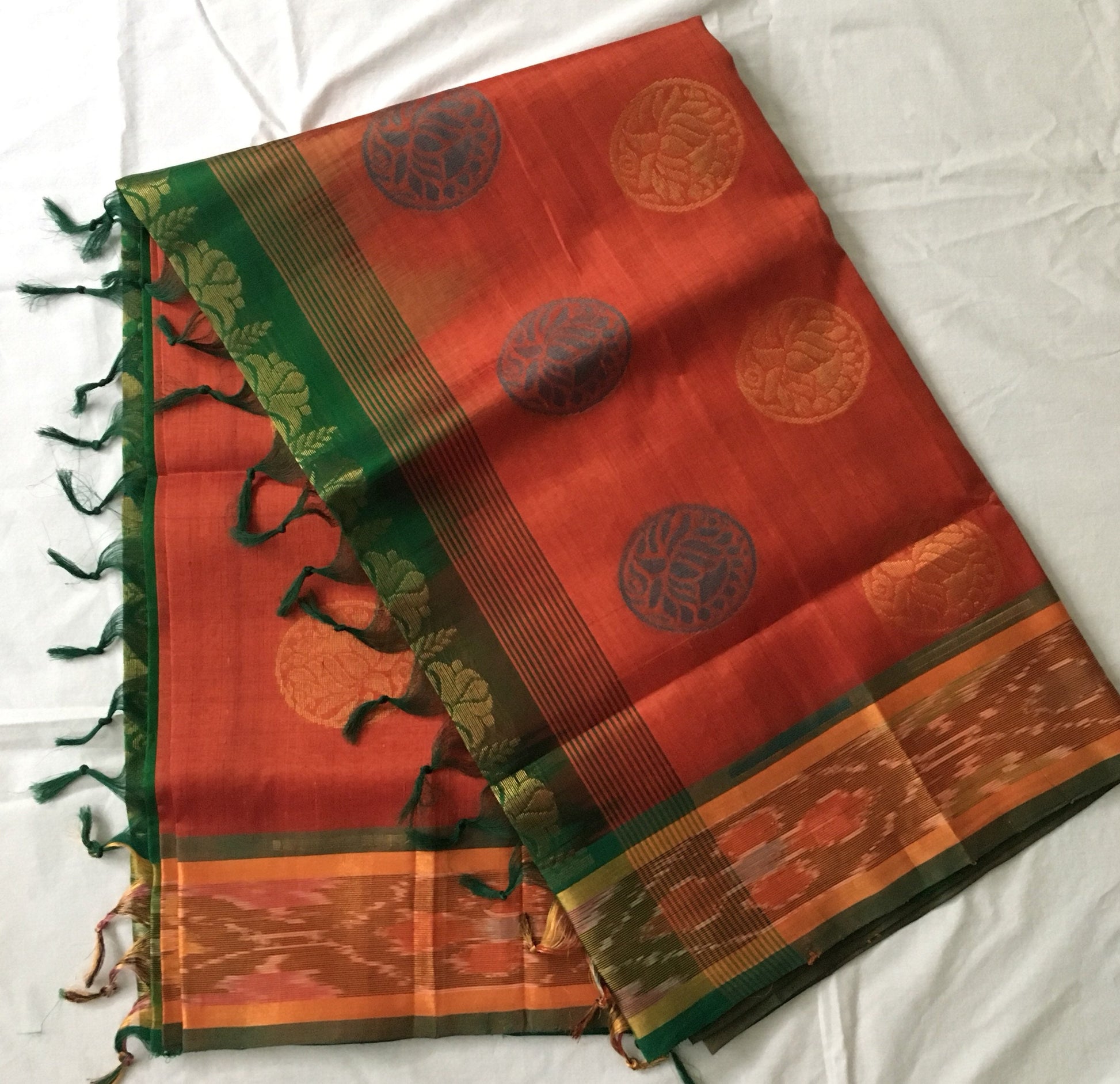 Orangish Brown, Green Handloom Saree | Blouse Fabric | Designer Saree | Party Wear saree | SumasEthnicWear