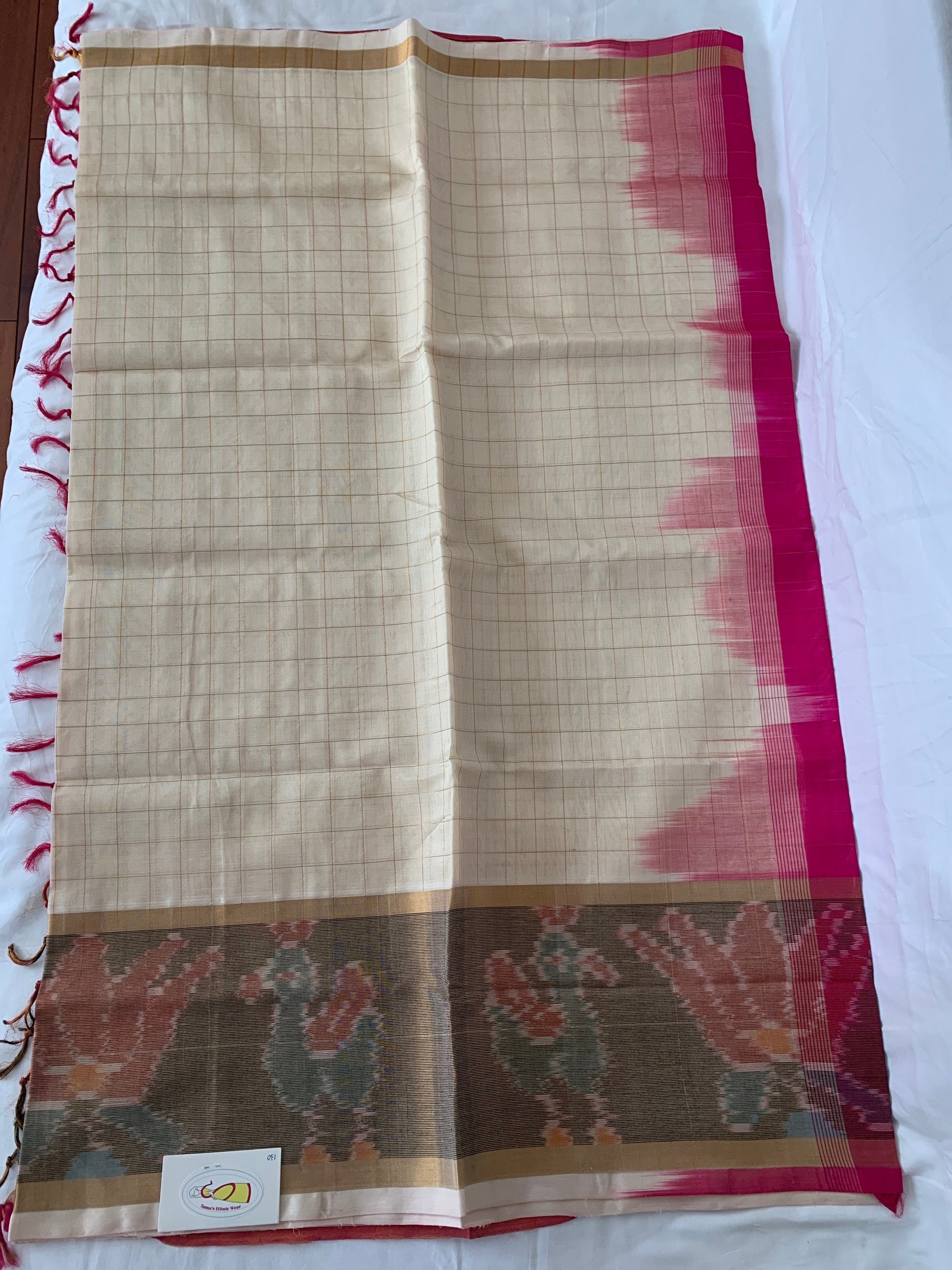 Light Cream, Magenta Ikkat Border handloom Venkatagiri Silk Cotton saree | Ethnic Wear | Traditional Style | SumasEthnicWear