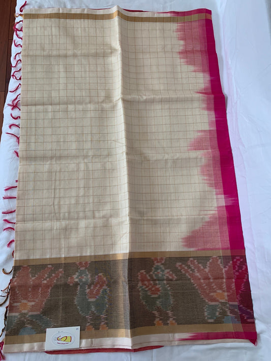 Light Cream, Magenta Ikkat Border handloom Venkatagiri Silk Cotton saree | Ethnic Wear | Traditional Style | SumasEthnicWear