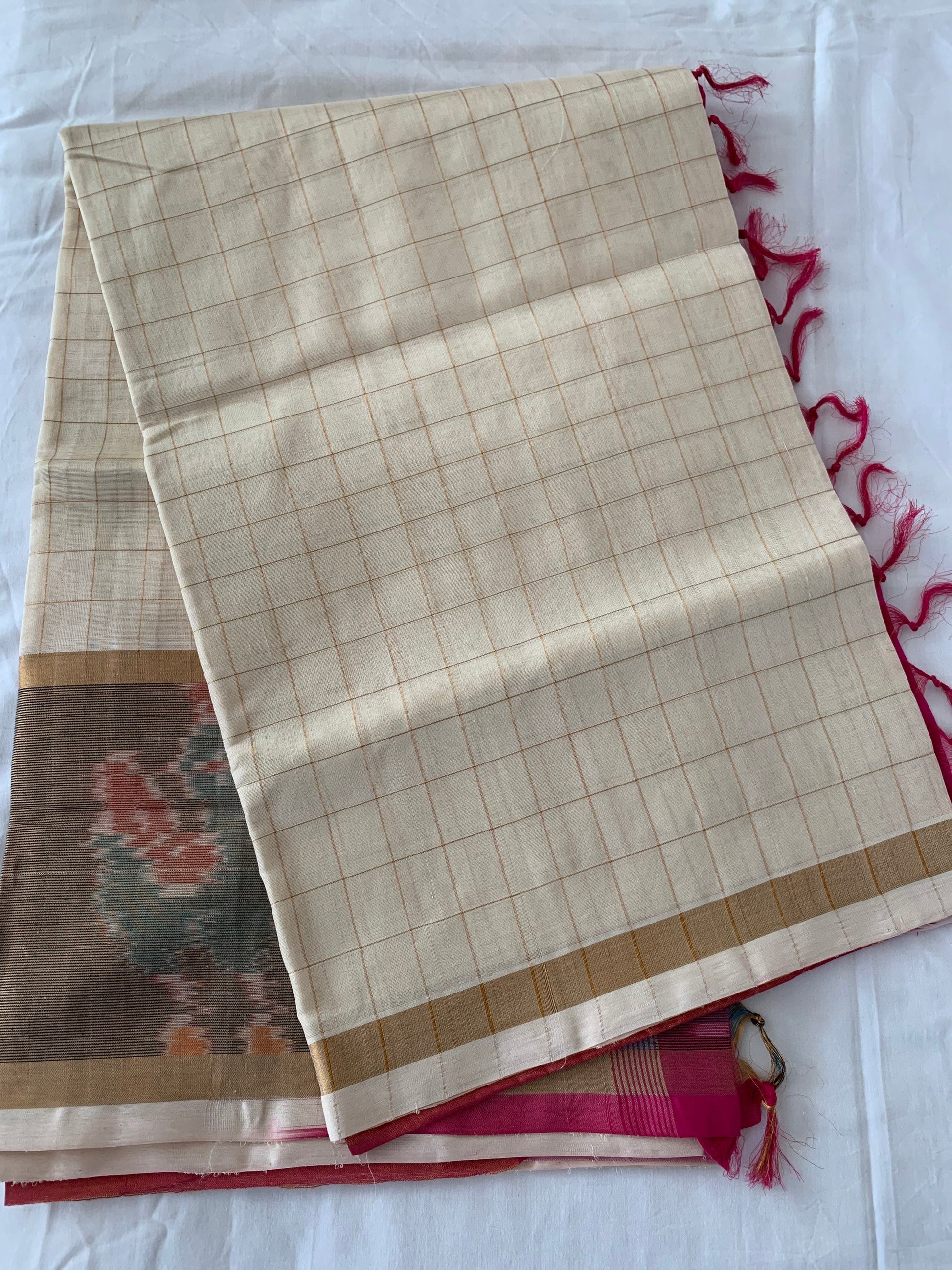 Light Cream, Magenta Ikkat Border handloom Venkatagiri Silk Cotton saree | Ethnic Wear | Traditional Style | SumasEthnicWear