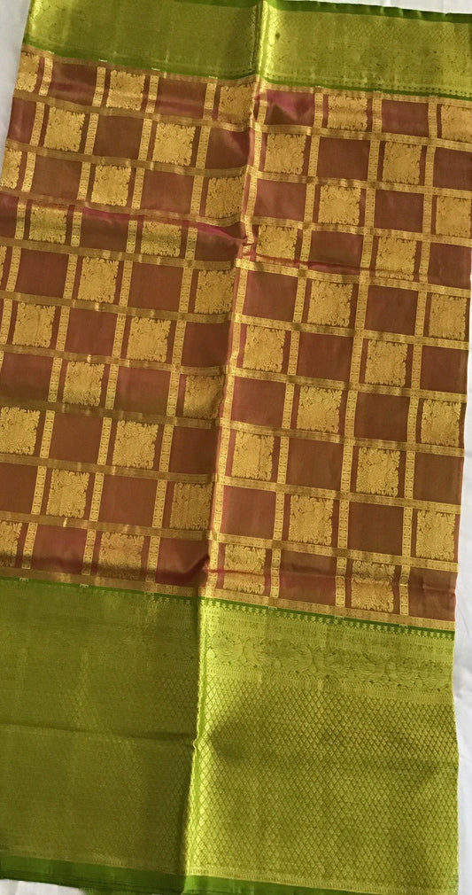Light Brown, Parrot Green Venkatagiri pattu Big Checks Saree | Blouse Fabric | Wedding Saree | Ethnic Wear | SumasEthnicWear