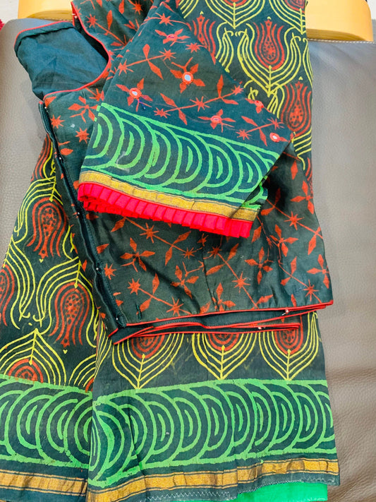 Green Pure Chanderi Silk Block Print Saree | Blouse Size 34/42 | SumasEthnicWear