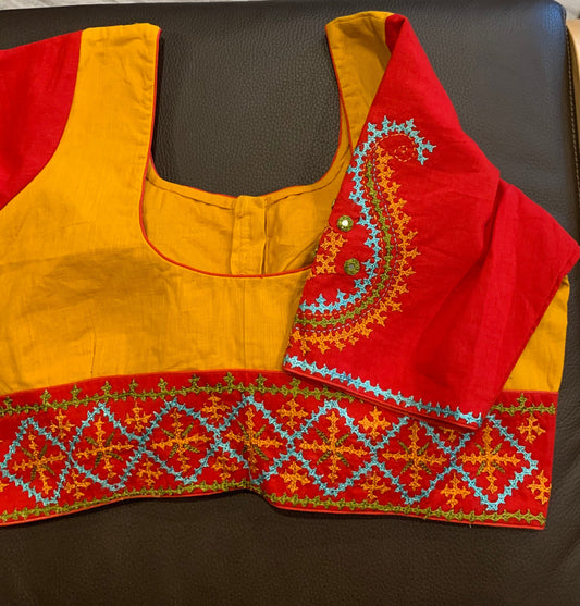 Size 36/42 Yellow, Red Handloom Cotton Hand Embroidery Kutch Blouse | Crop Top | Lehenga Blouse | SumasEthnicWear