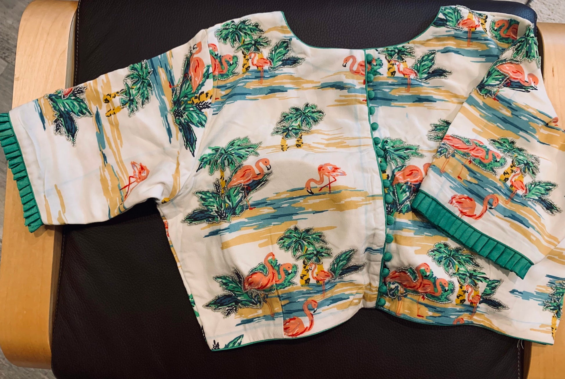 Size 36/42 White, Green Digital Print Bird, Leaves Rayon Silk Embroidered Blouse | Designer Blouse | Ethnic Blouse | SumasEthnicWear