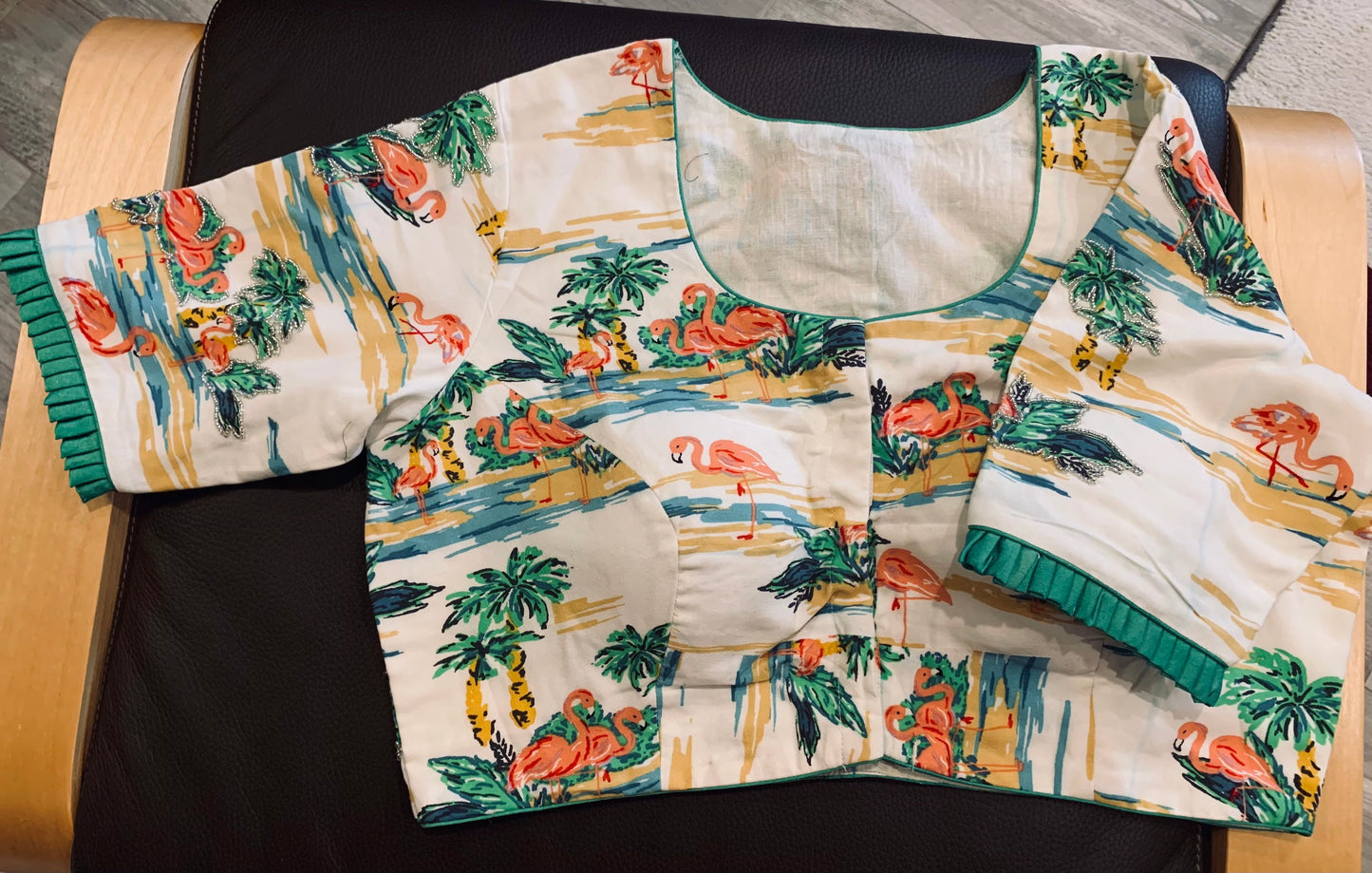 Size 36/42 White, Green Digital Print Bird, Leaves Rayon Silk Embroidered Blouse | Designer Blouse | Ethnic Blouse | SumasEthnicWear