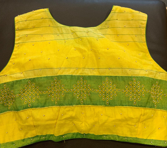 Size 36/42 Handloom Silk Cotton Lemon yellow Kollam hand Embroidered Blouse | Designer Wear | SumasEthnicWear