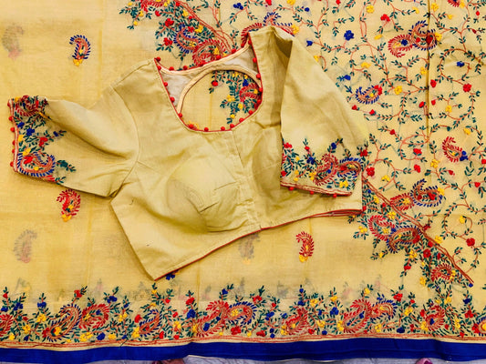 Light Lemon Tussar Silk Cotton Kashmiri Embroidered saree with Blouse | Size 36/42 | Ethnic Wear | Wedding Wear | SumasEthnicWear