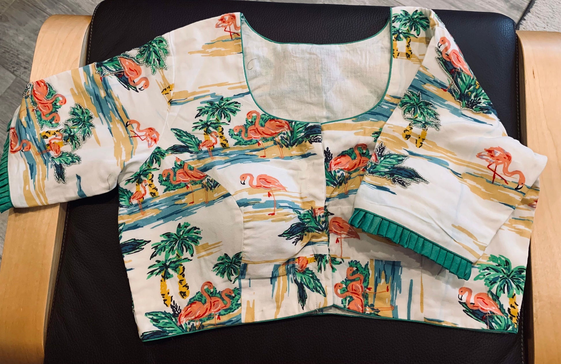 Size 36/42 White, Green Digital Print Bird, Leaves Rayon Silk Embroidered Blouse | Designer Blouse | Ethnic Blouse | SumasEthnicWear