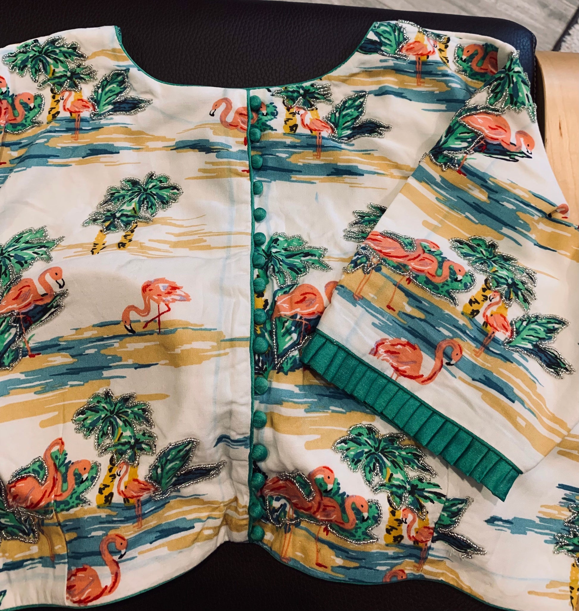Size 36/42 White, Green Digital Print Bird, Leaves Rayon Silk Embroidered Blouse | Designer Blouse | Ethnic Blouse | SumasEthnicWear
