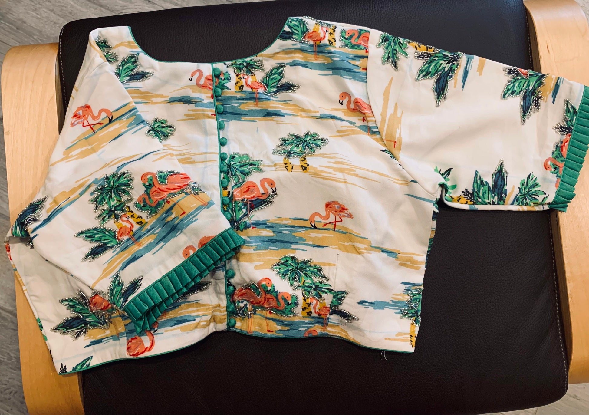 Size 36/42 White, Green Digital Print Bird, Leaves Rayon Silk Embroidered Blouse | Designer Blouse | Ethnic Blouse | SumasEthnicWear