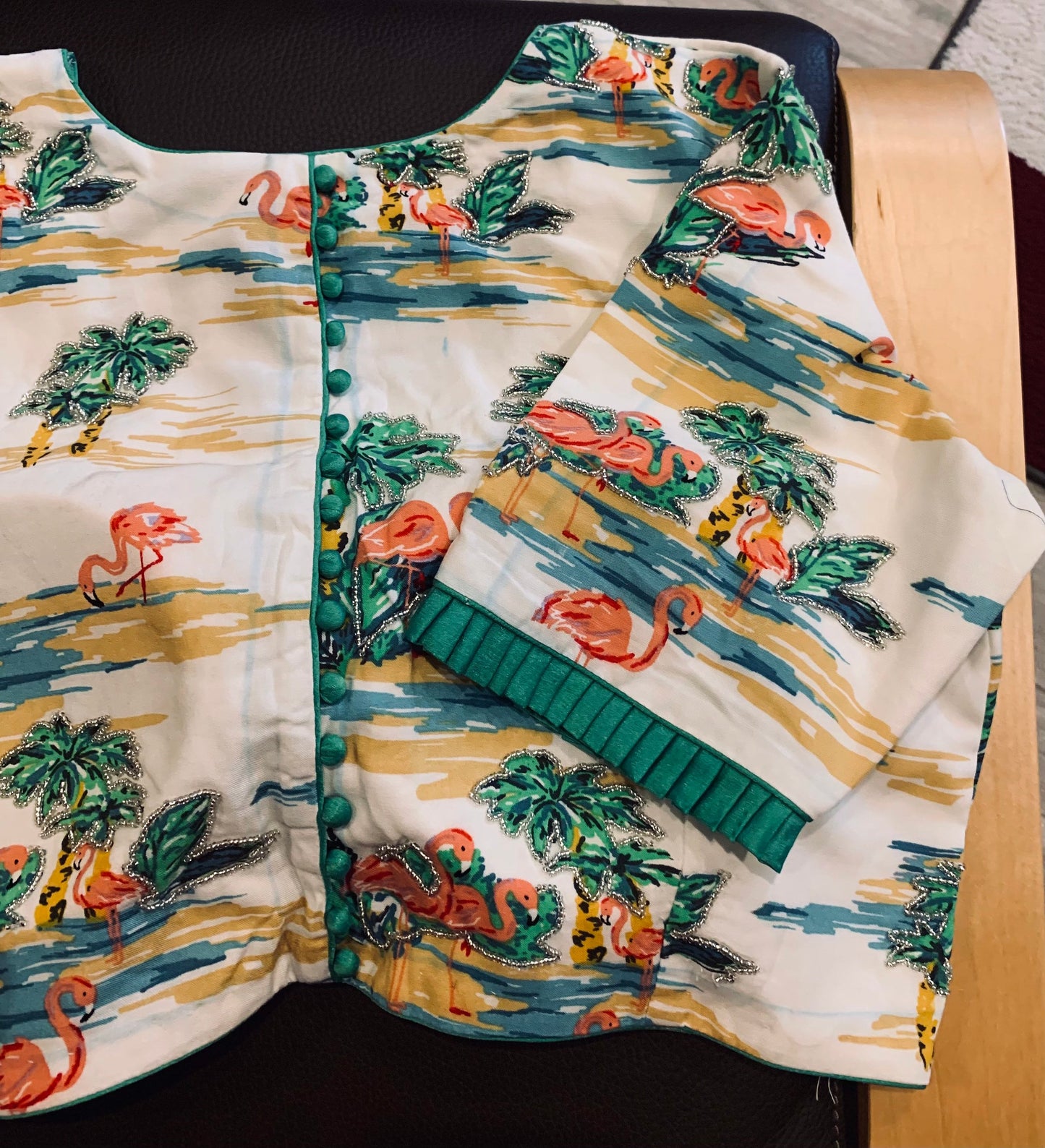 Size 36/42 White, Green Digital Print Bird, Leaves Rayon Silk Embroidered Blouse | Designer Blouse | Ethnic Blouse | SumasEthnicWear