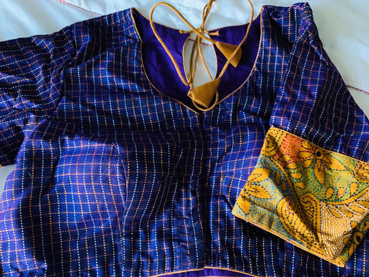 Size 36/42 Violet Check kantha Embroidered Blouse | SumasEthnicWear