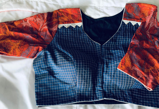 Size 36/42 Blue Checks Brick Red Kantha Embroidered Blouse | SumasEthnicWear