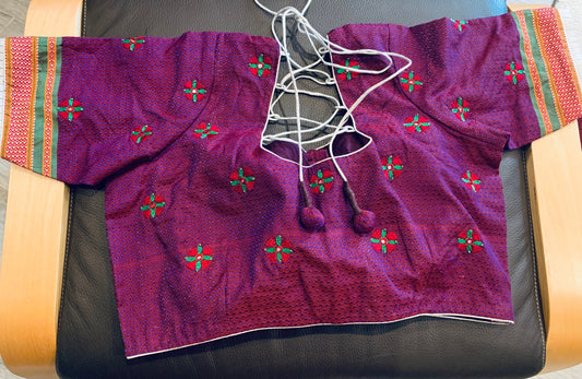 Size 36/42 Purple Handloom Khun Mirror Embroidered Blouse | SumasEthnicWear
