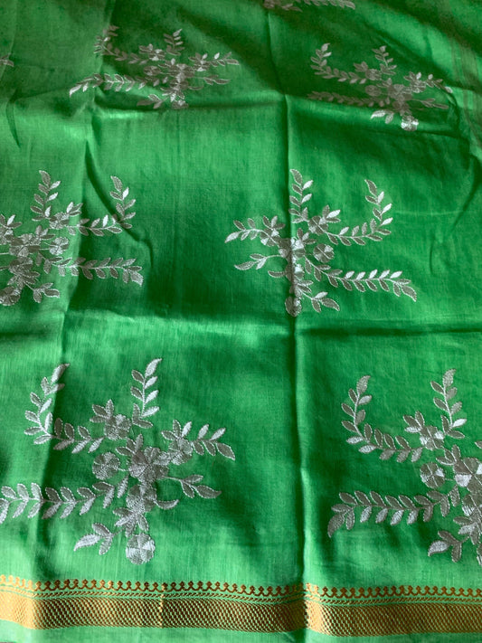 Parrot Green Pure Linen Silk embroidered Saree