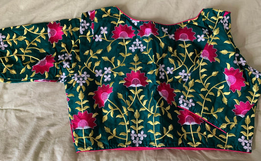 Dark Green Cotton Embroidered Floral Blouse