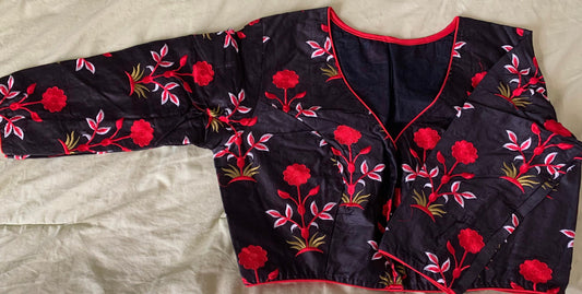 Black Blouse with Red Floral Embroidery