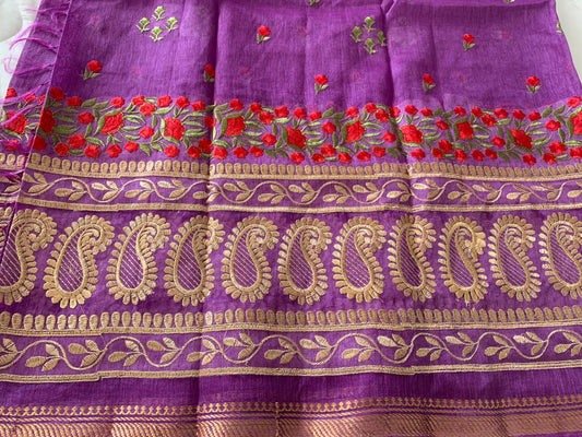 Purple Red Embroidered Pure Linen Silk Saree