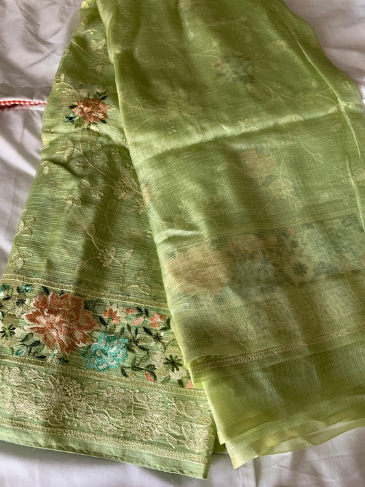 Green Kota Silk Embroidered Saree Blouse