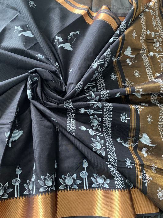 Black Mangalagiri Handloom cotton Block Print Dancer saree | SumasEthnicWear