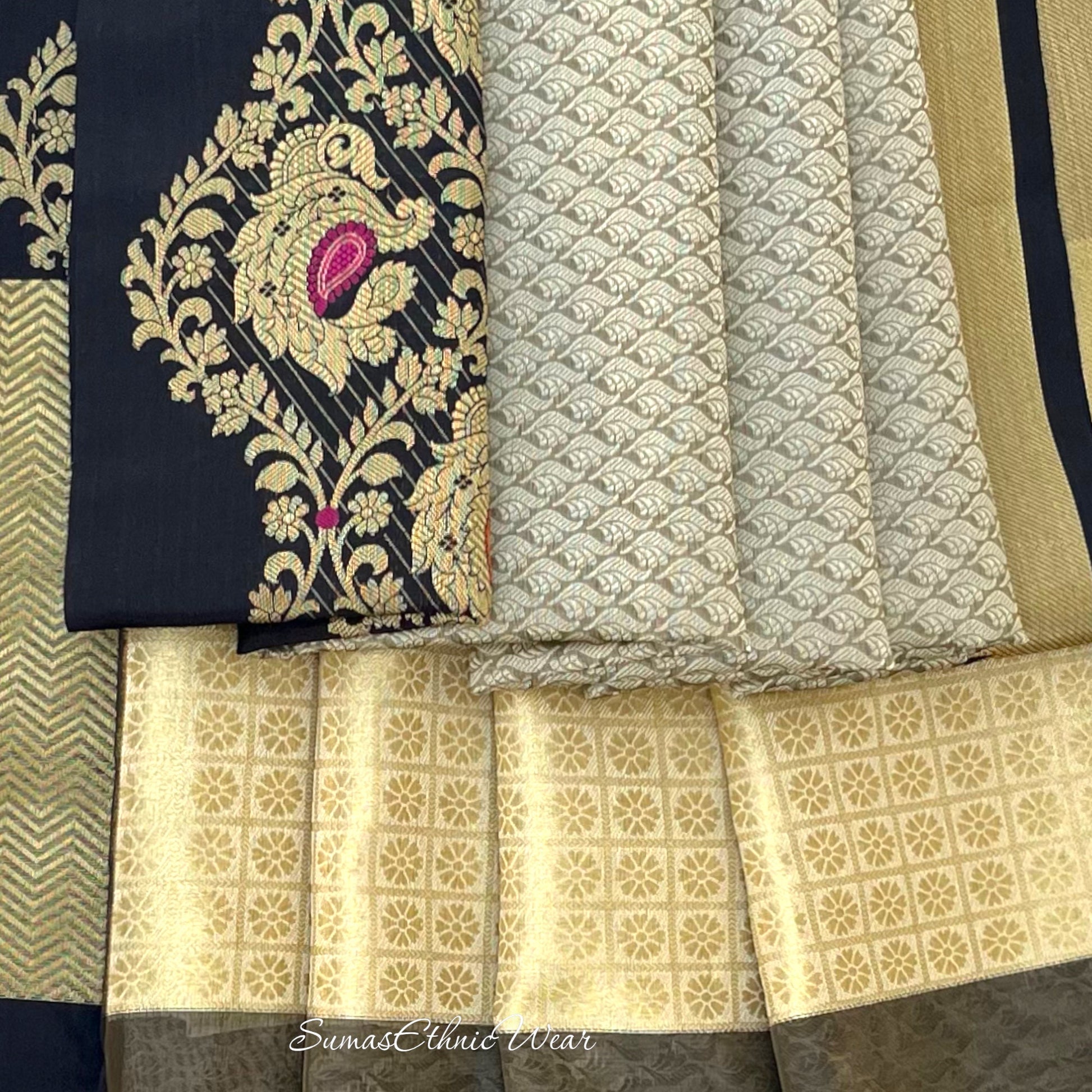 Beige Black Brocade Silk Saree Ready Made Blouse