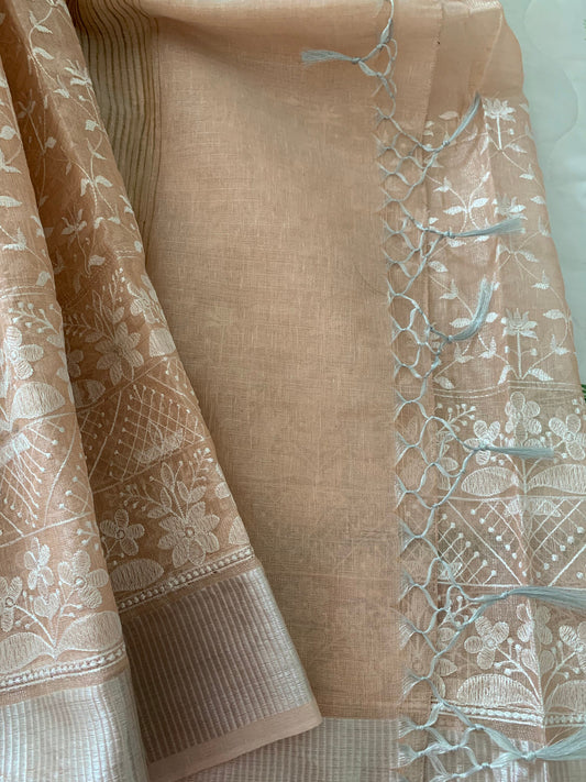 Light Pale Pink Embroidered Pure Lenin Tissue Saree | Blouse fabric | Ethnic Wear | Traditional wear | Designer Wear | SumasEthnicWear