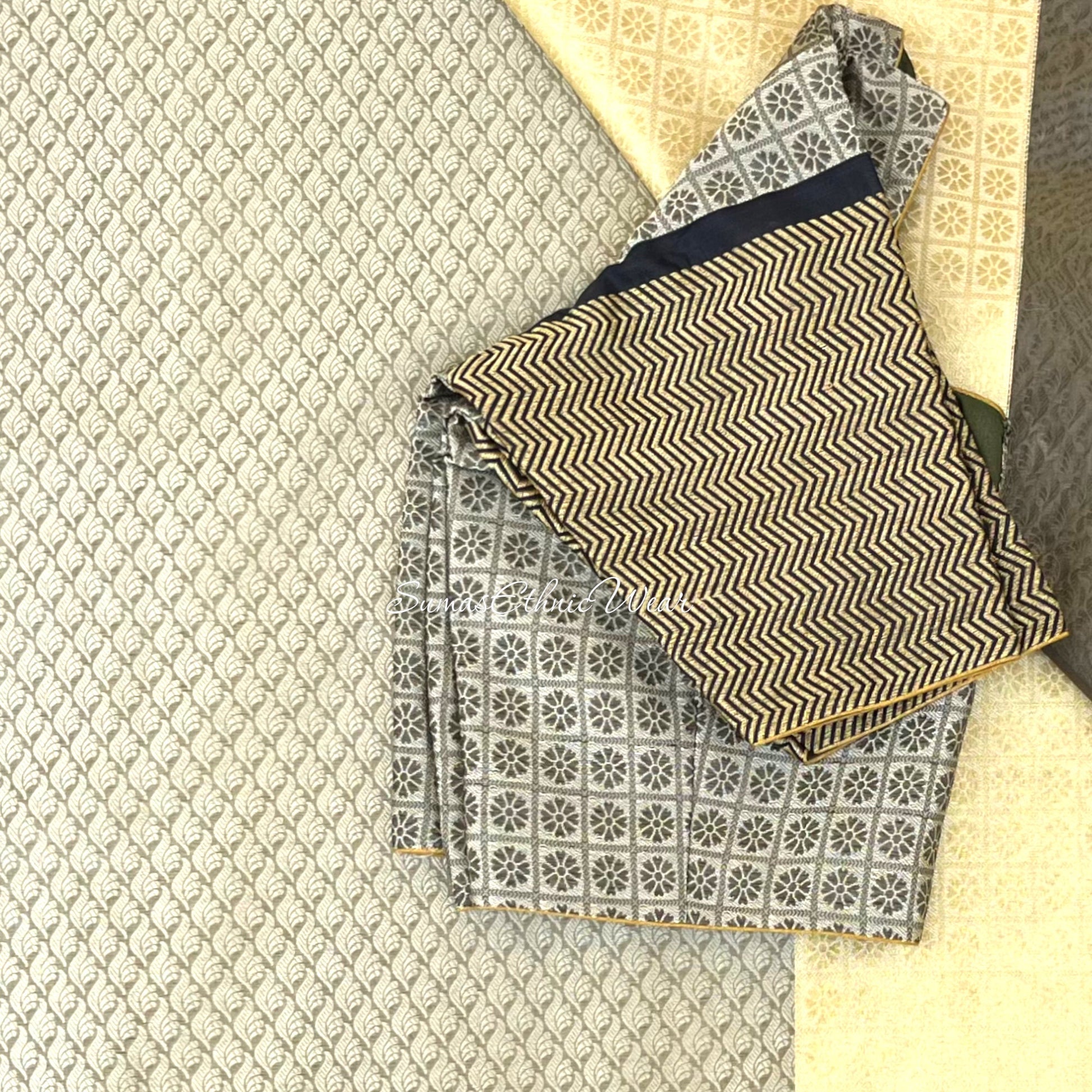 Beige Black Brocade Silk Saree Ready Made Blouse