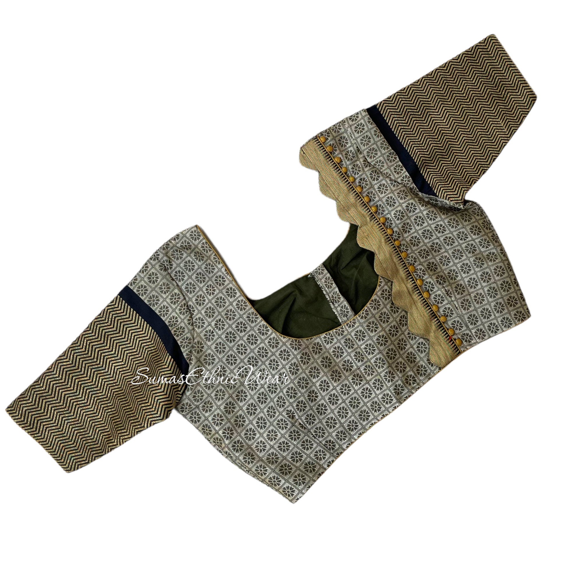 Beige Black Brocade Silk Saree Ready Made Blouse