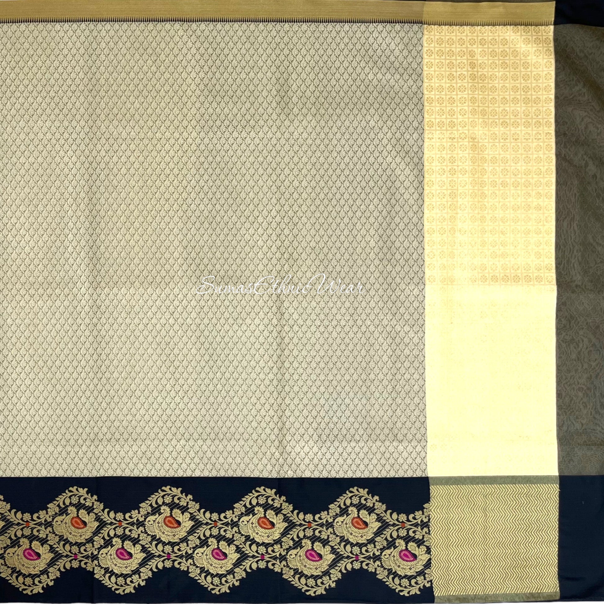 Beige Black Brocade Silk Saree Ready Made Blouse