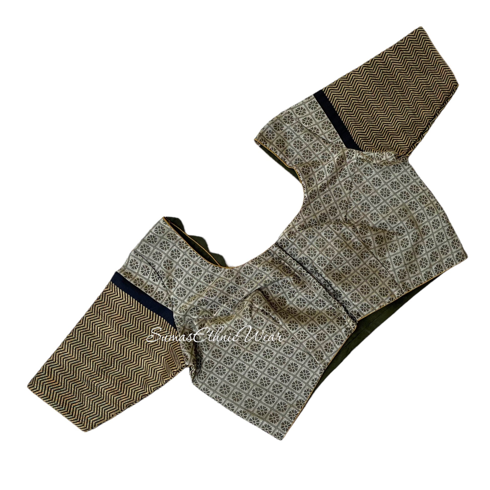 Beige Black Brocade Silk Saree Ready Made Blouse