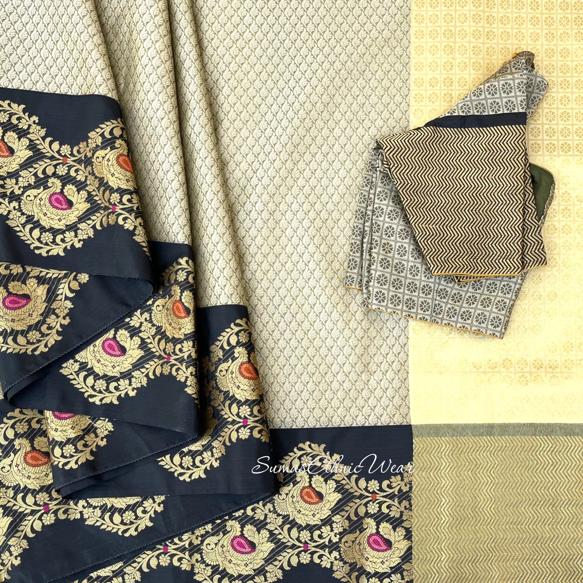 Beige Black Brocade Silk Saree Ready Made Blouse