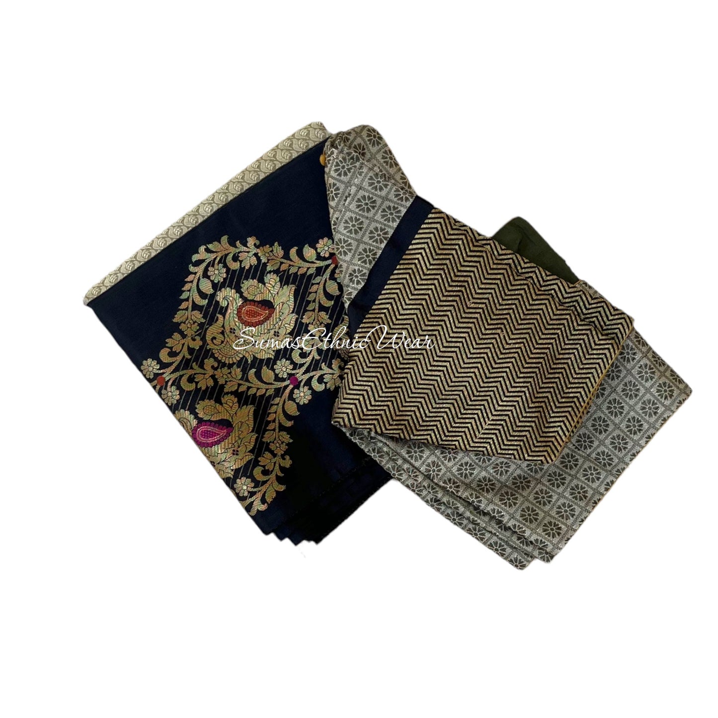 Beige Black Brocade Silk Saree Ready Made Blouse