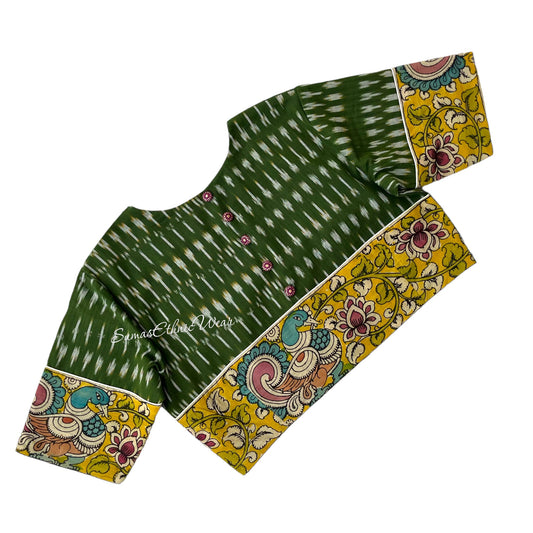 Green Yellow Ikat Cotton Kalamkari Applique Blouse