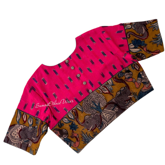 Pink Yellow Cotton Ikat Kalamkari Applique Blouse