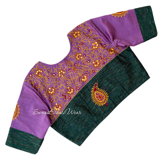 Purple Green Mangalagiri Pattu Embroidered Blouse